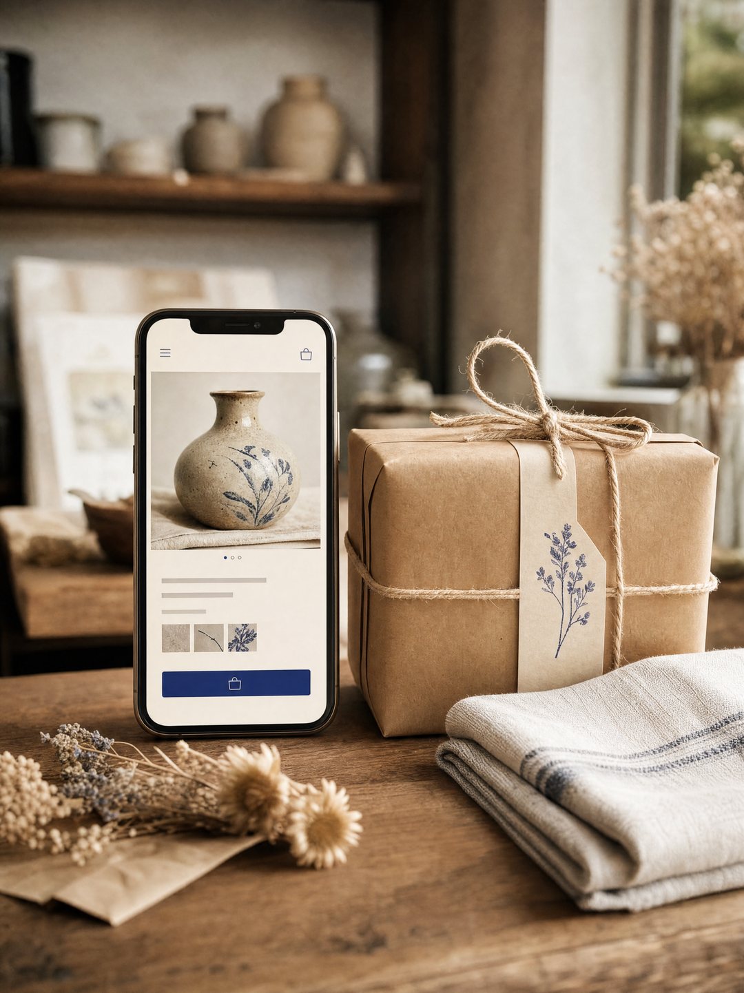 Boutique en ligne sur un téléphone à côté d'un colis prêt à expédier