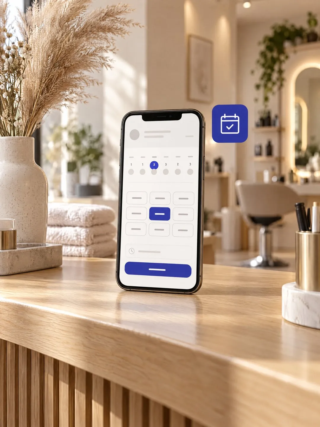 Un téléphone posé sur le comptoir d’un institut de beauté, affichant une page de réservation en ligne avec un créneau choisi