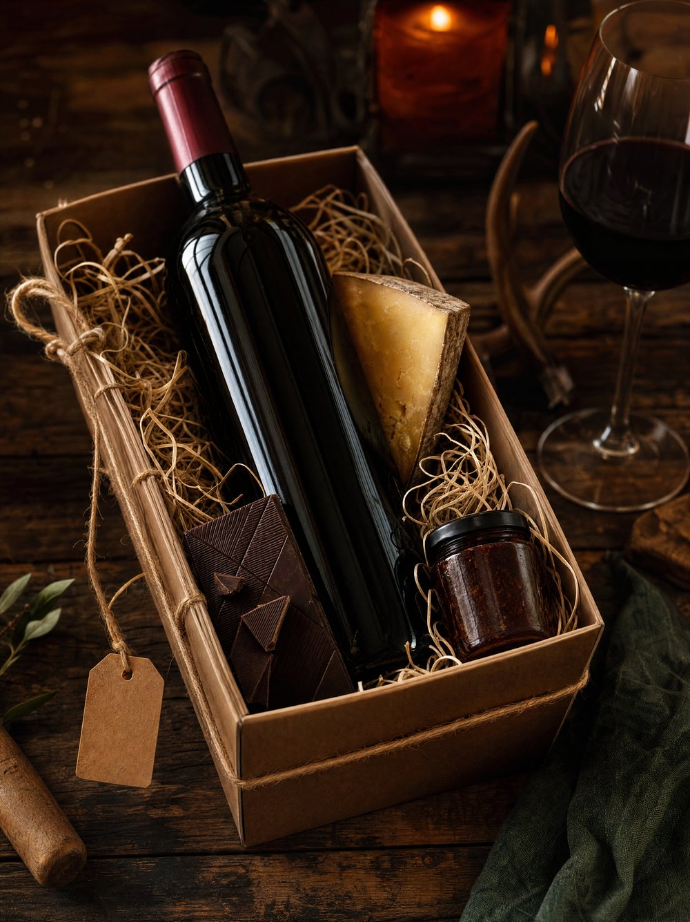 Coffret cadeau : bouteille, fromage, chocolat, confiture