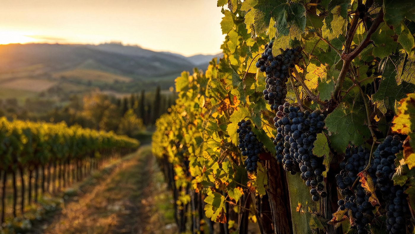 Nos vignerons — rangs de vigne au soleil couchant